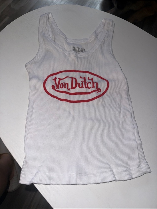 Von Dutch Tops - Von Dutch White Ribbed Tank Top with Red Logo